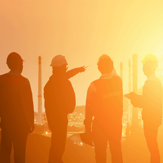 Einfach mit Materialmanagement Software die Ist-Soll-Daten erheben Vier Projektmanager auf Baustelle in Abendsonne.