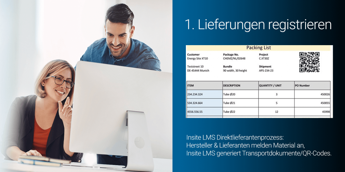 Digitales Materialmanagement: Lieferungen registrieren und Packlisten erzeugen Materialmanagement: Zwei Lieferanten schauen auf Computerbildschirm. Die Packlisten mit QR-Codes werden von Insite LMS generiert und dienen dem Tracking.