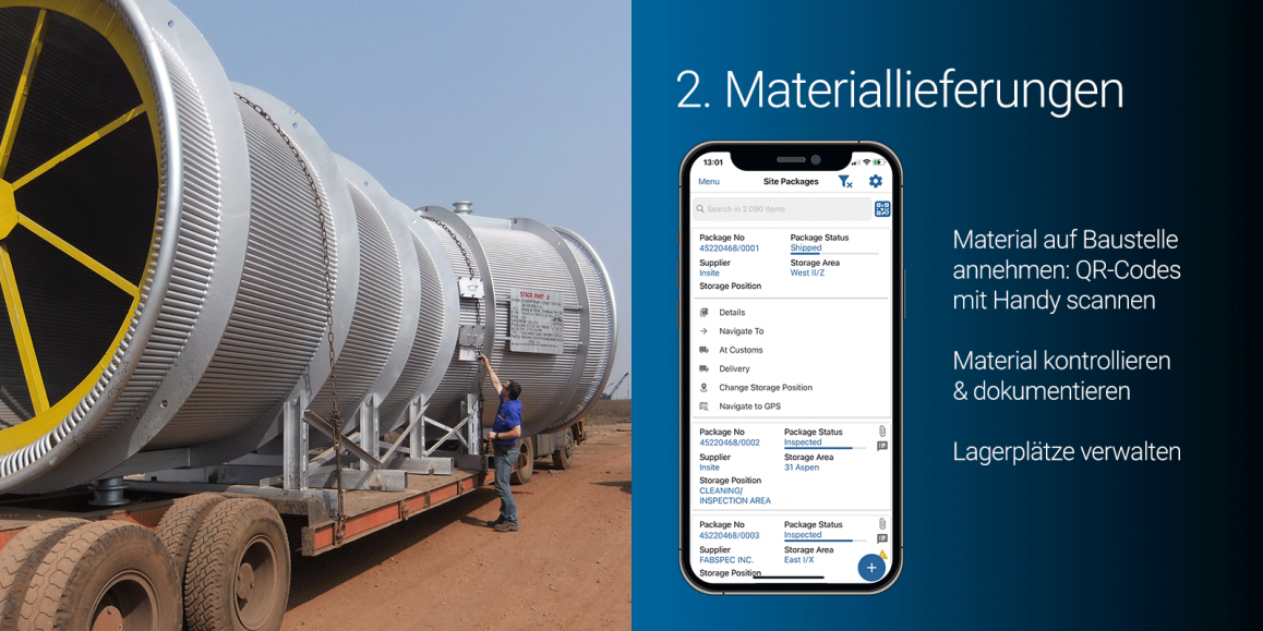 Digitales Materialmanagement: Materialien per App entgegennehmen, kontrollieren und einlagern Arbeiter auf Baustelle nimmt Materiallieferung an; daneben Smartphone mit Abbildung von Materialmanagement Software Insite LMS