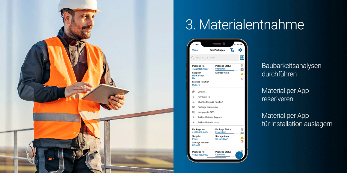 Digitales Materialmanagement: Materialien per App anfordern und auslagern Site Manager mit Tablet auf Baustelle bei Tag; daneben Abbildung von einem Smartphone mit Funktion „Material-Anfrage“ von Insite LMS.