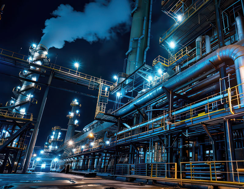Industrial plant site at night with illuminated pipelines and steel structures – digital construction site visual for Insite LMS